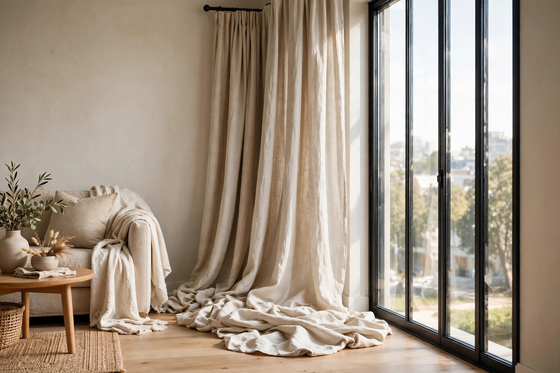 Linen curtains puddling slightly on a wood floor beside a studio apartment window