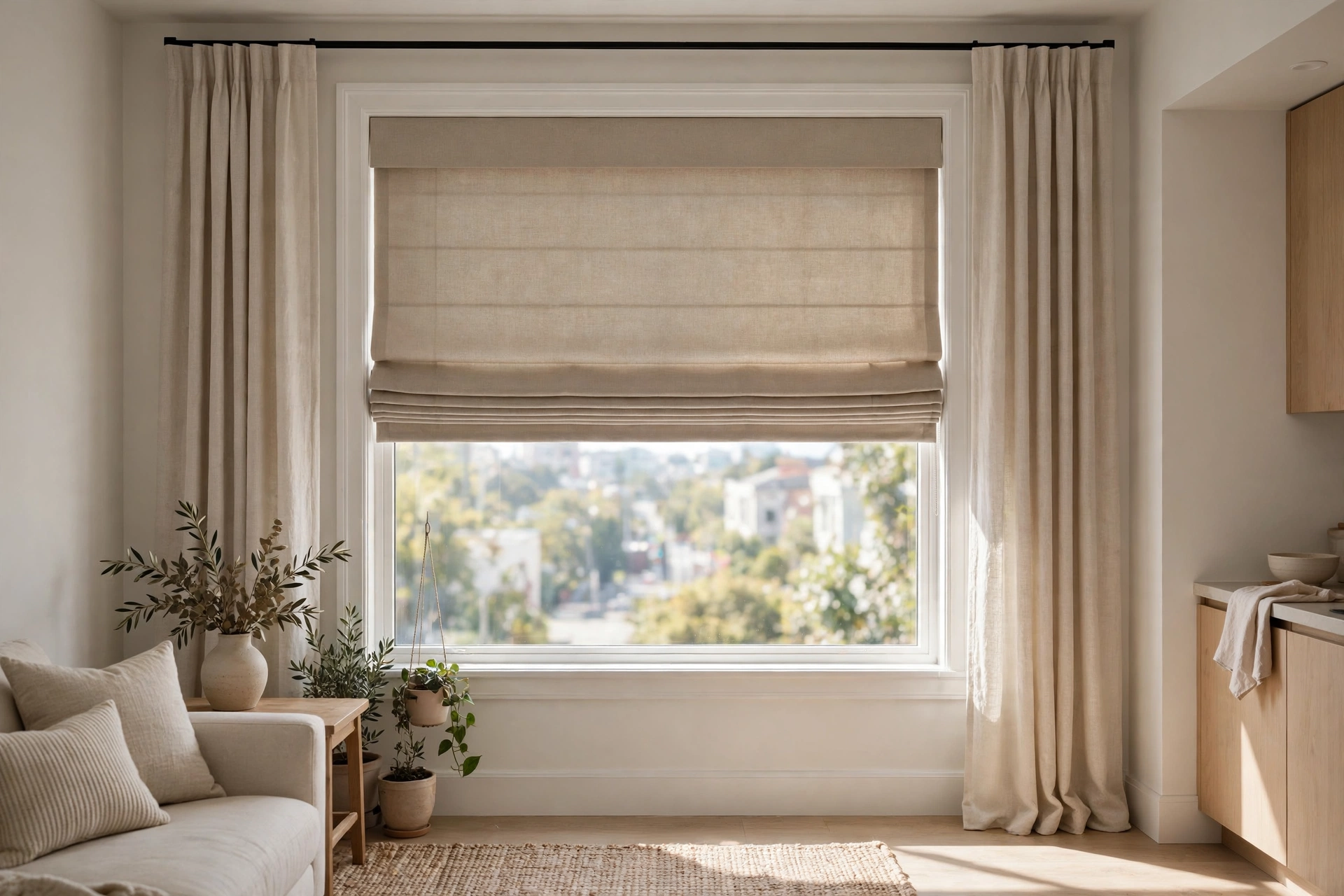 Tailored roman shade with slim linen side panels on a studio apartment window