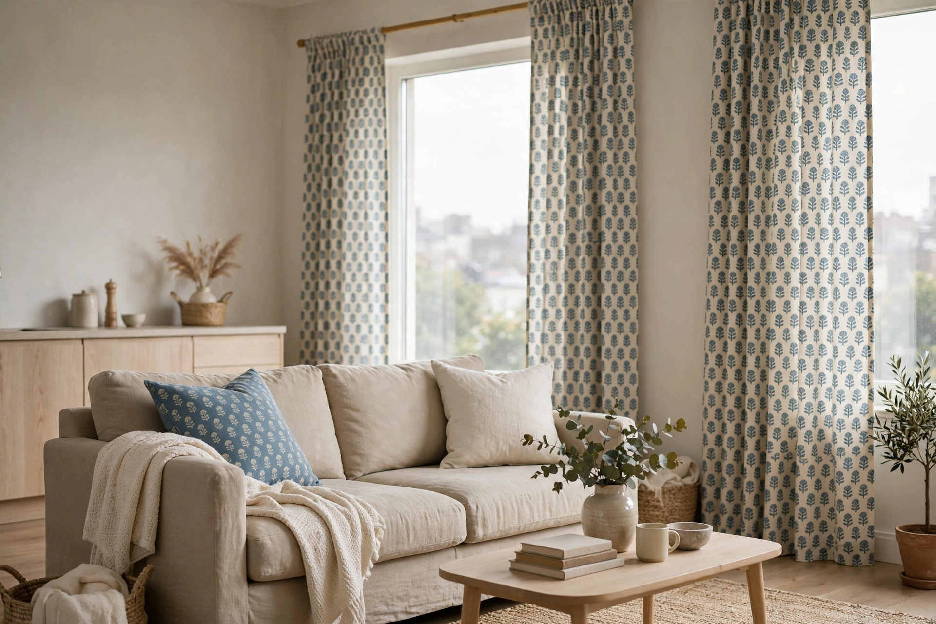 Subtly patterned block-print curtains as an accent in a neutral studio apartment living area