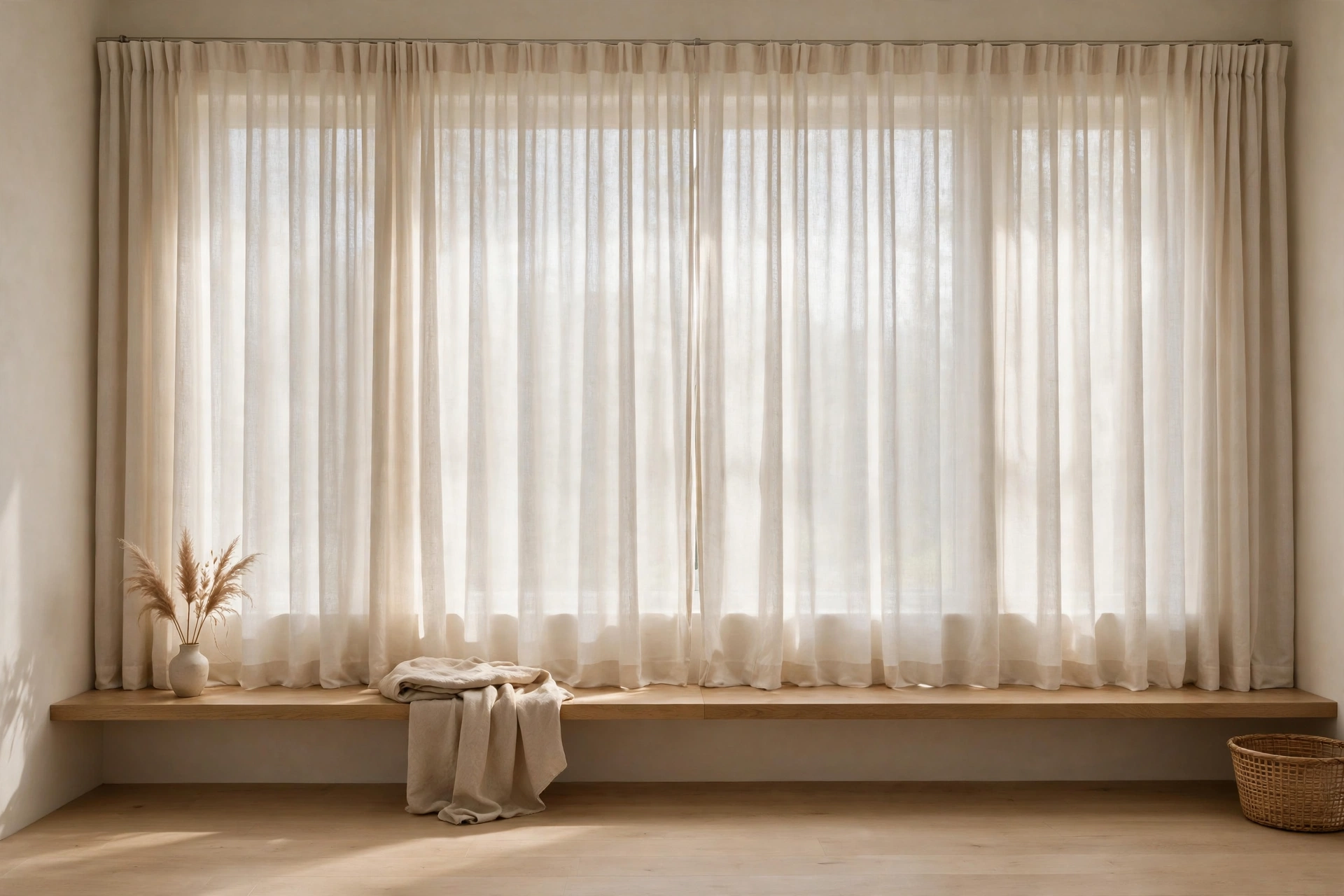 Continuous run of neutral curtains across a full window wall in a studio apartment