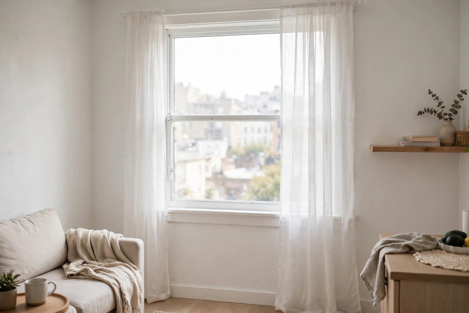 White tension rod with sheer curtains mounted inside a window frame in a rental studio