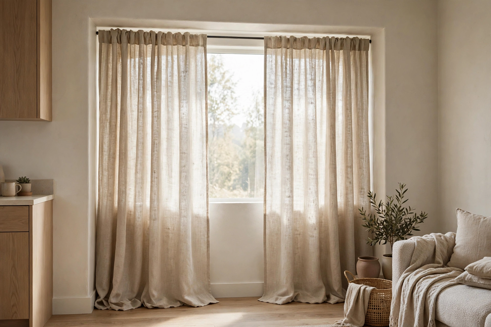 Twist-and-fit curtain rod spanning a studio alcove with draped panels, no brackets visible