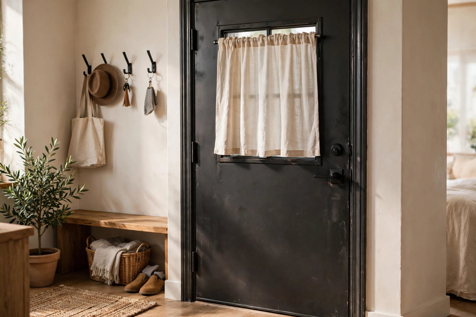 Magnetic curtain rod with a small privacy curtain on a metal apartment entry door window