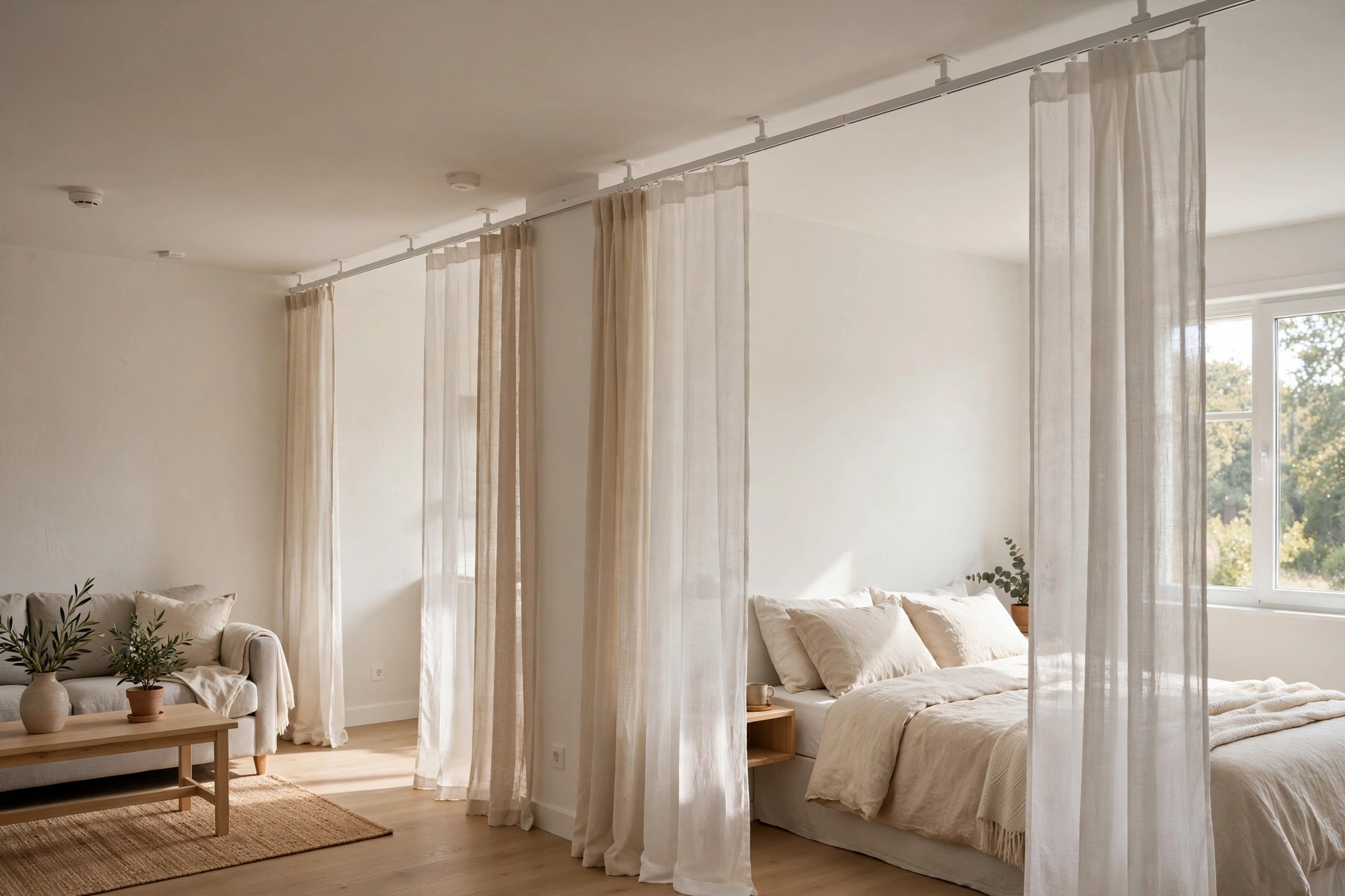 Adhesive-mounted ceiling curtain track with light panels dividing zones in a rental studio