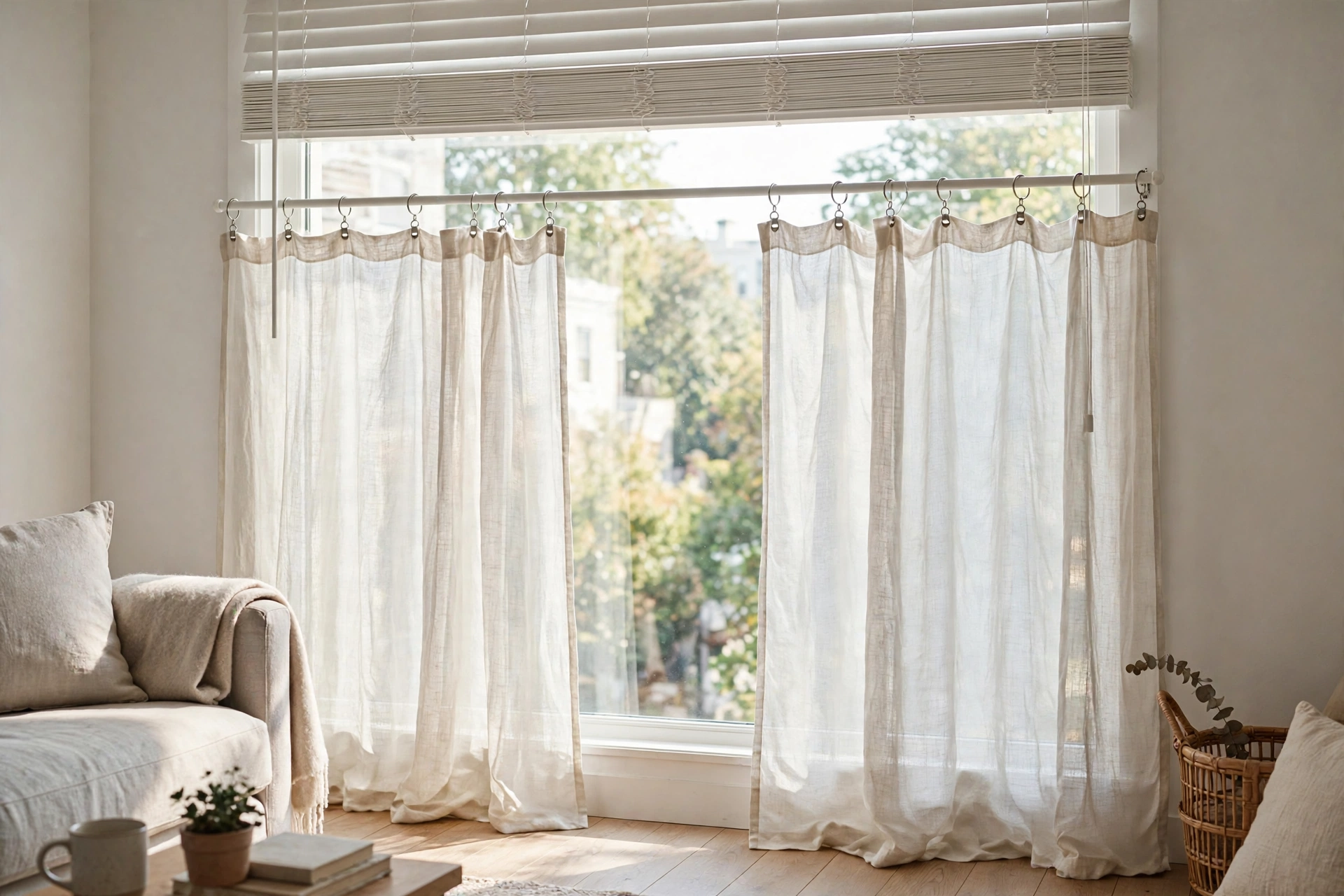 Curtain panels hung from clip rings attached to an existing blind headrail in a studio window