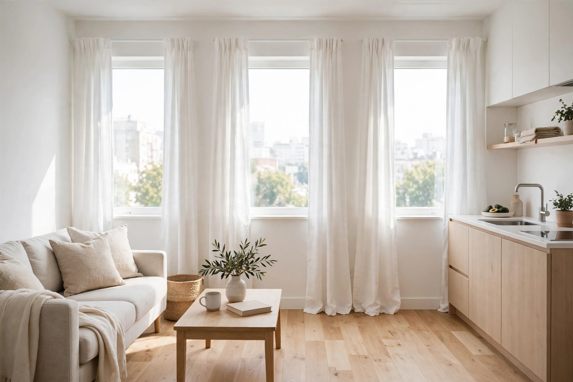 Crisp white curtains making a small studio apartment feel bright and spacious