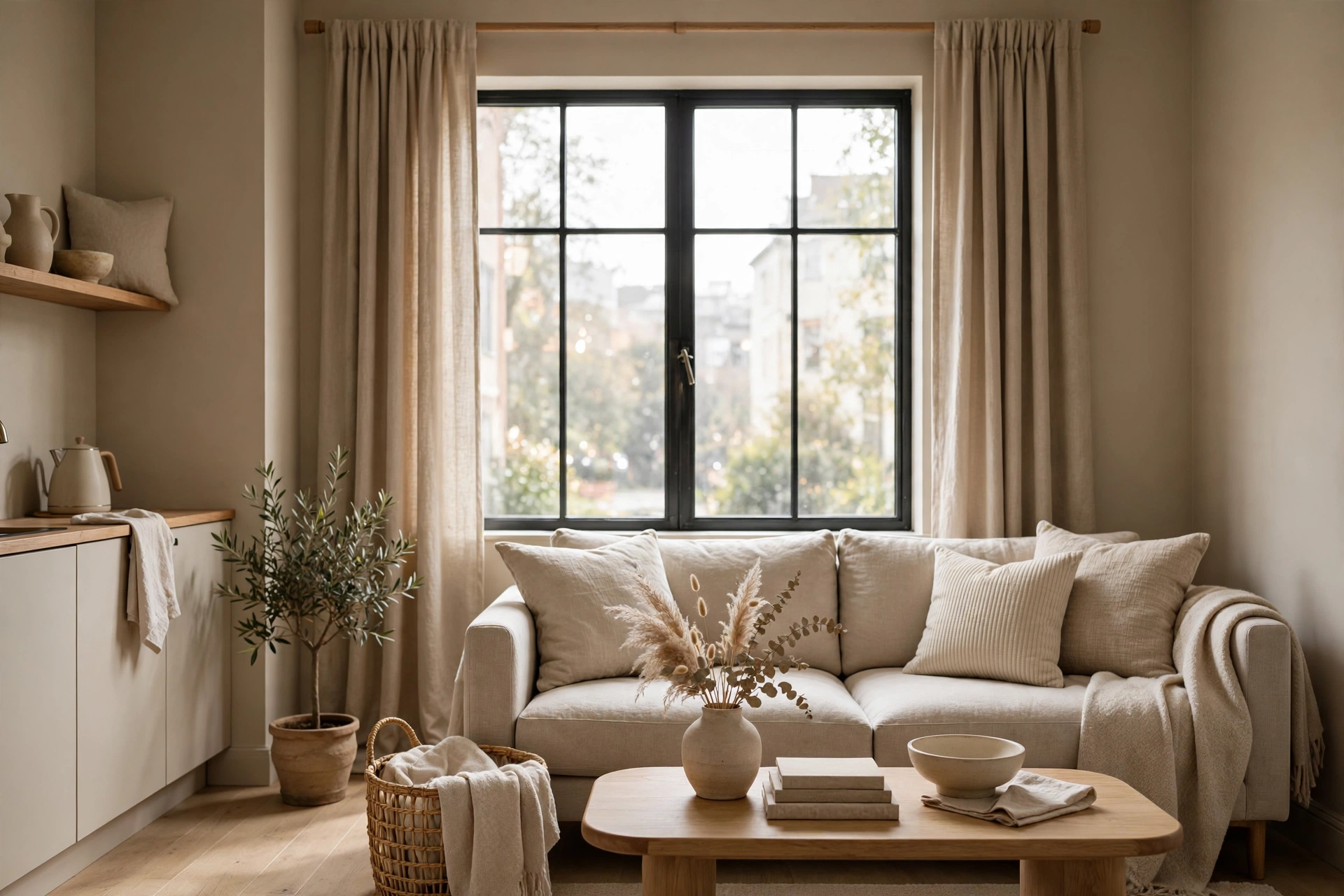 Tone-on-tone beige curtains blending with warm walls in a serene studio apartment