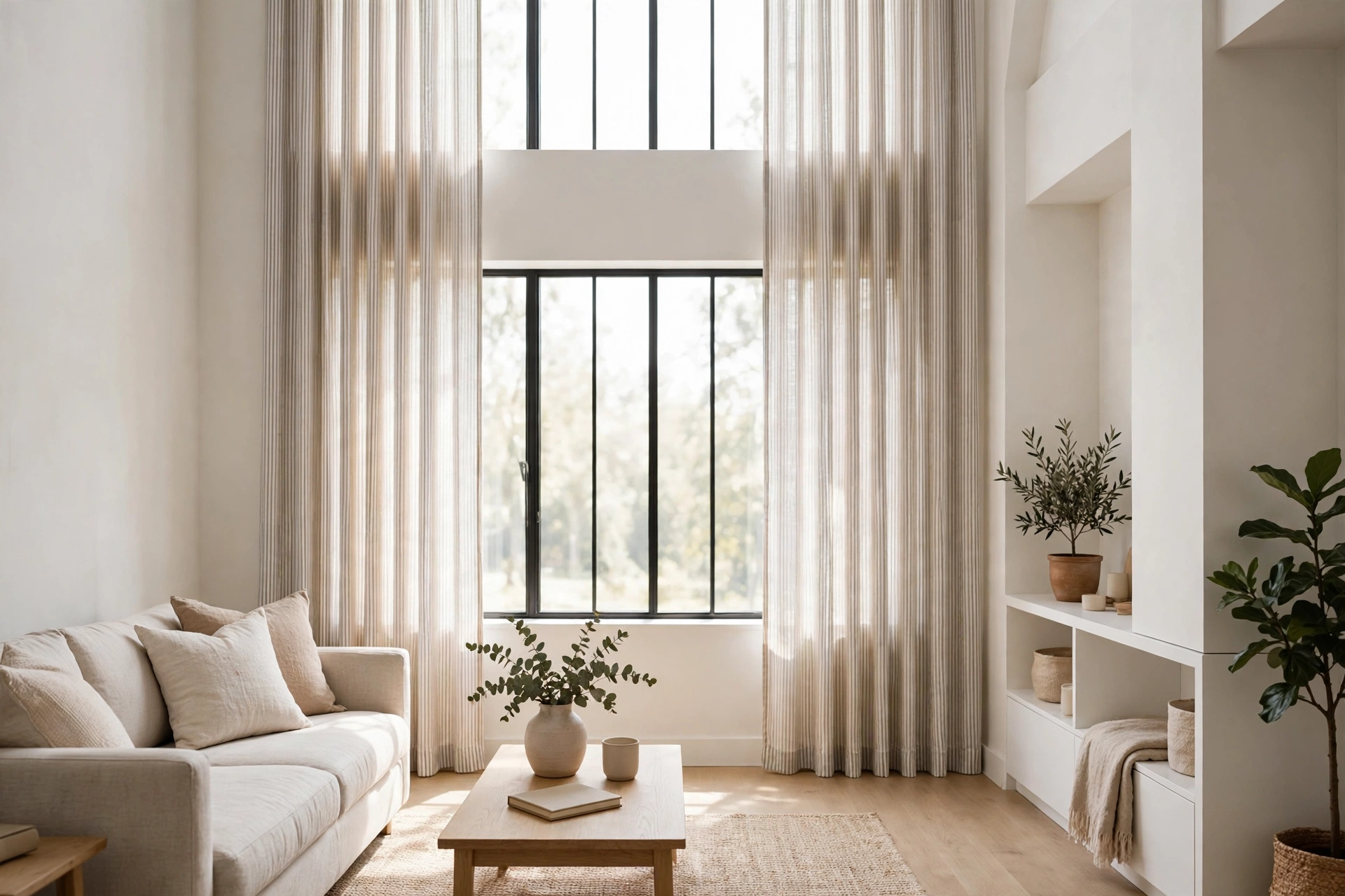 Narrow vertical striped curtains adding height to a studio apartment window