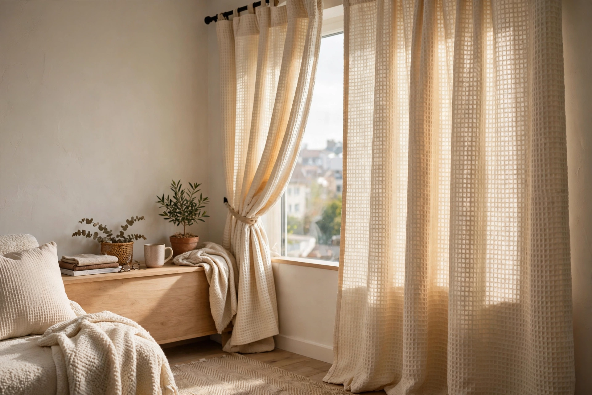 Close view of textured waffle-weave curtains in warm neutral in a studio apartment