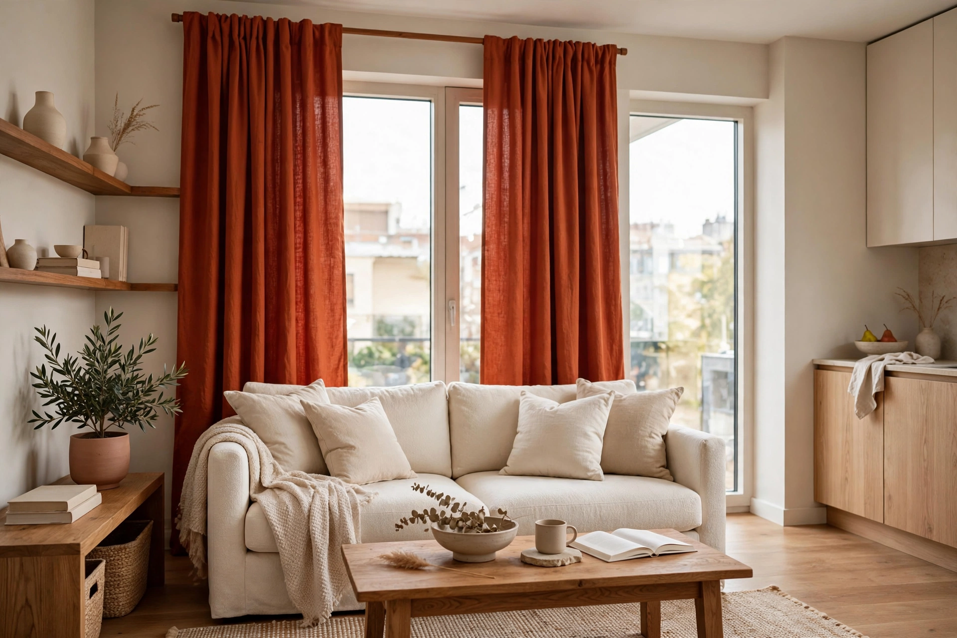Terracotta bold curtains as a single color statement in a neutral studio apartment