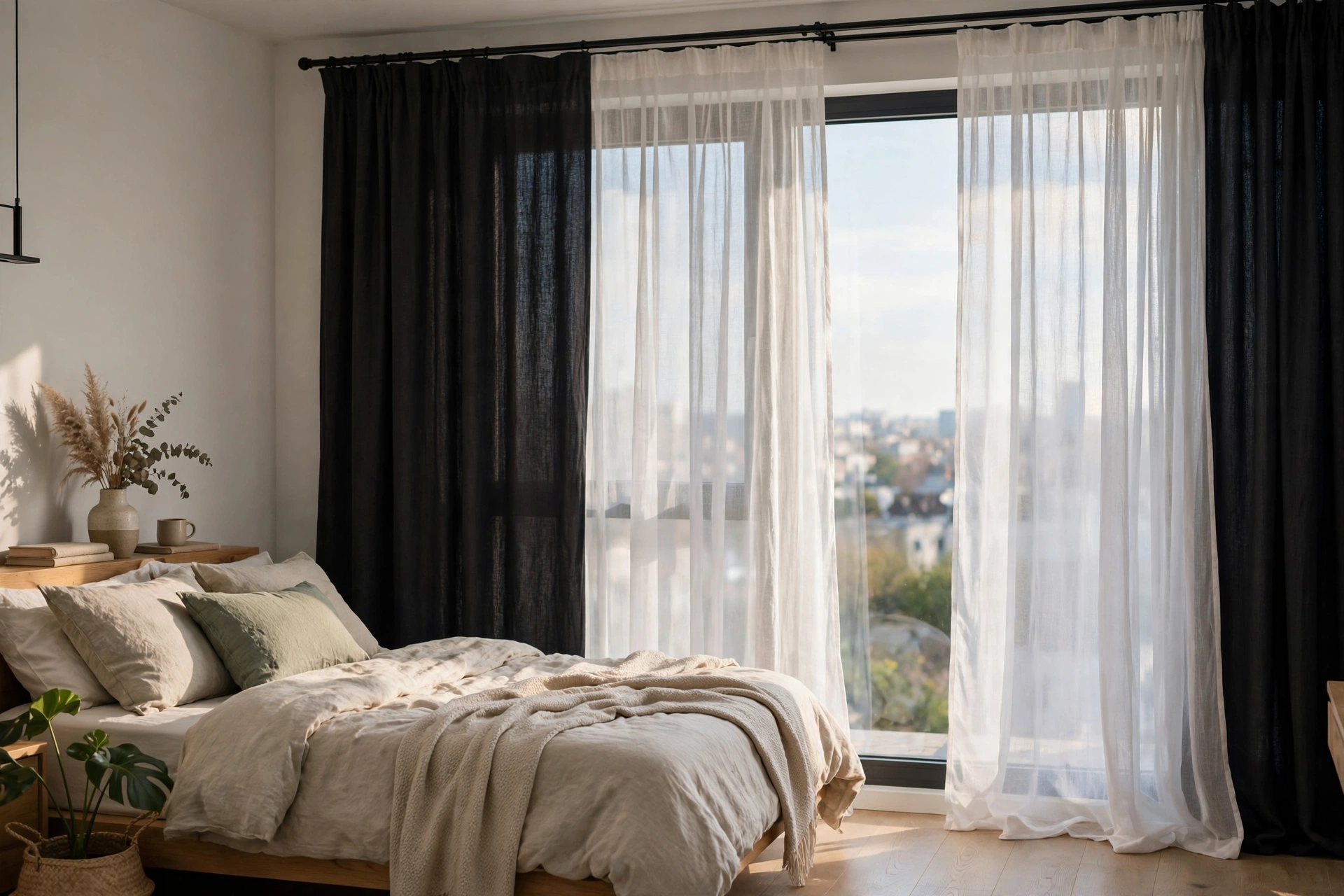 Sheer curtains layered over dark blackout panels in a studio apartment day-to-night setup