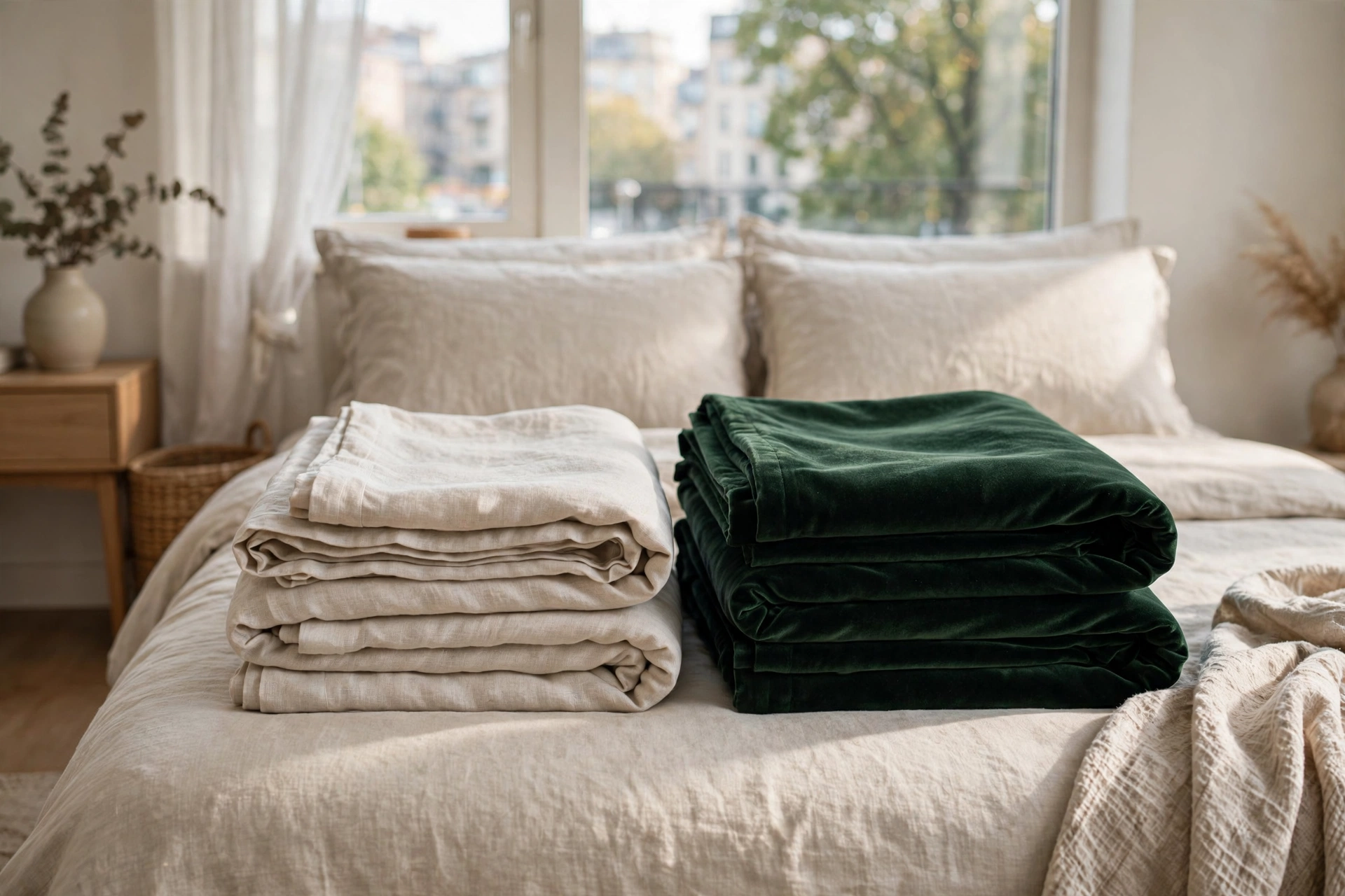 Two folded sets of curtains, light linen and heavy velvet, ready for a seasonal swap in a studio