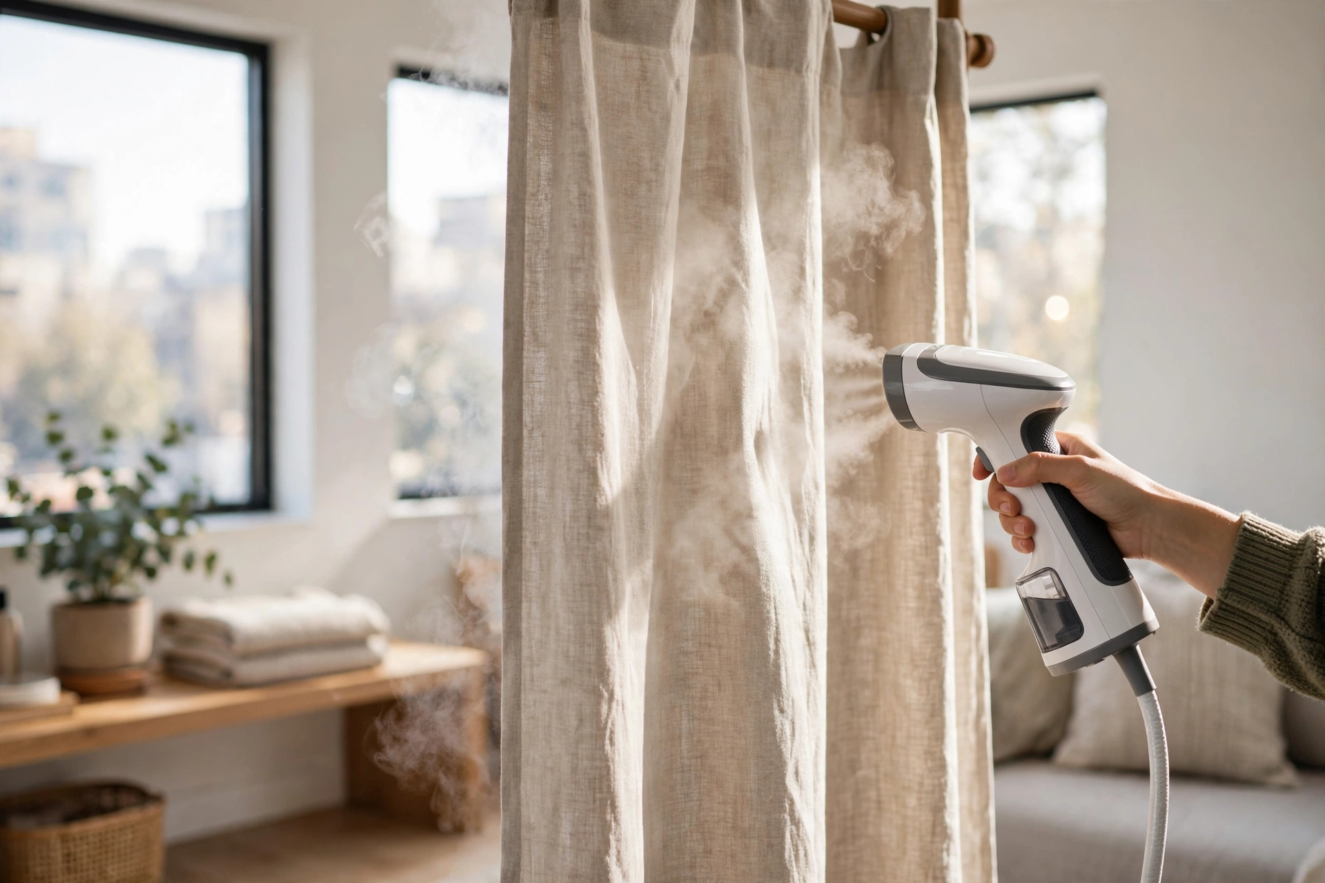 Handheld steamer smoothing hanging curtains in a studio apartment, crisp finished look