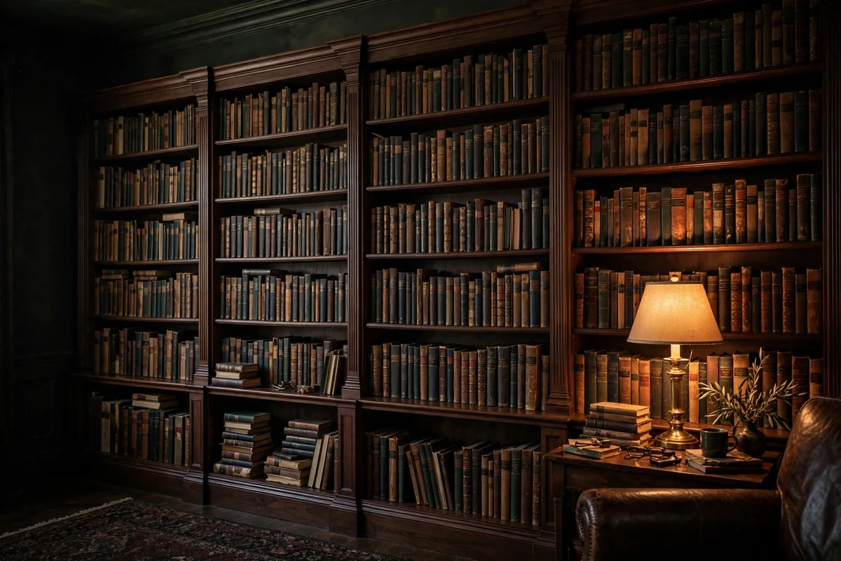 Dark academia living room with floor-to-ceiling wooden bookshelves full of old books