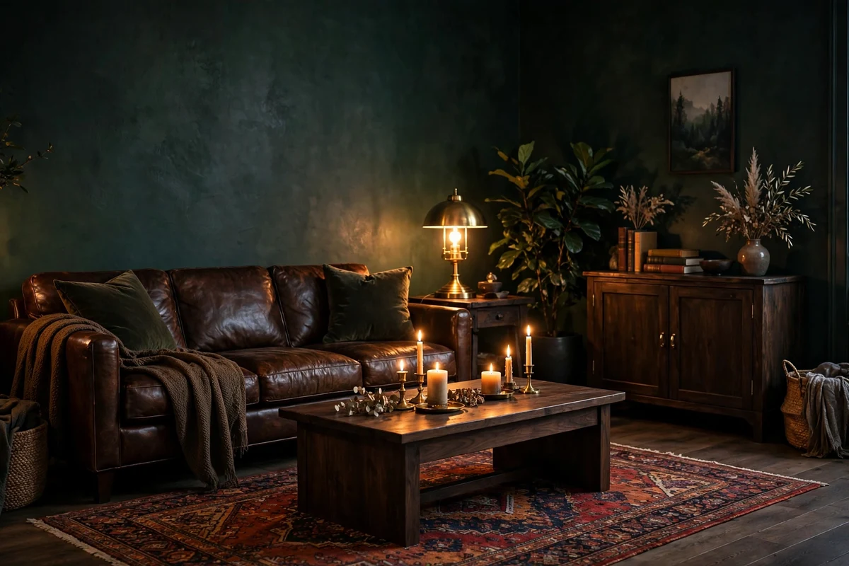 Living room with moody forest green walls and dark wood furniture