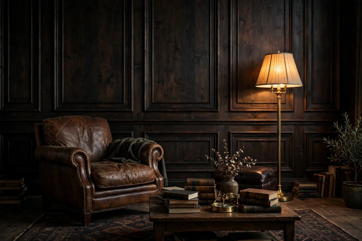 Dark wood paneled living room wall with vintage decor