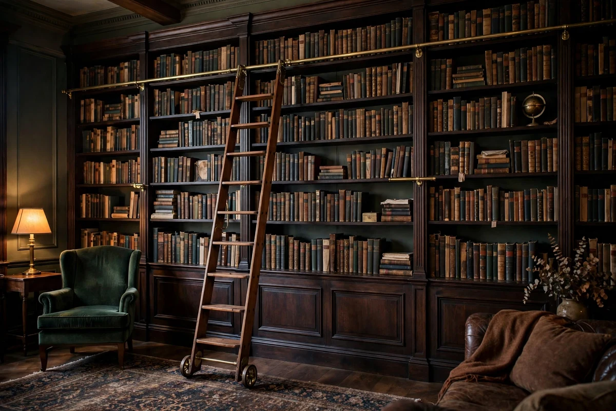 Rolling wooden library ladder against tall dark bookshelves