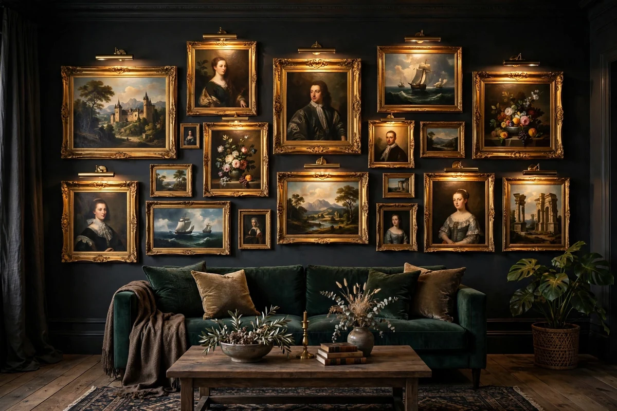 Salon-style gallery wall of oil paintings in gold frames