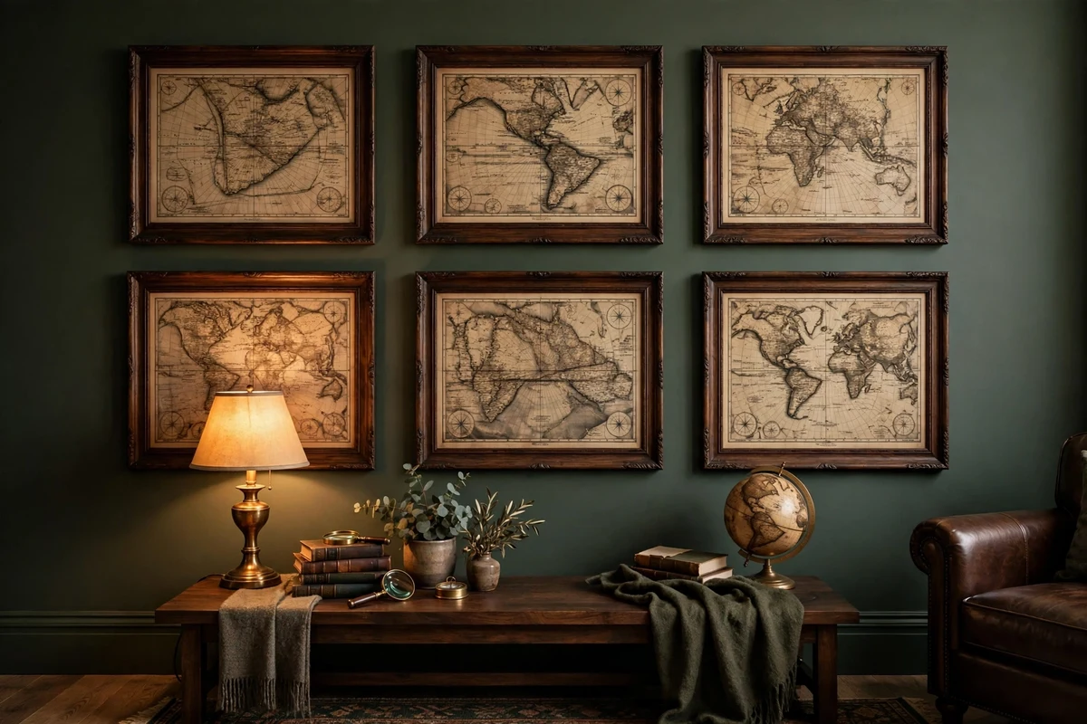 Framed antique maps on a dark living room wall