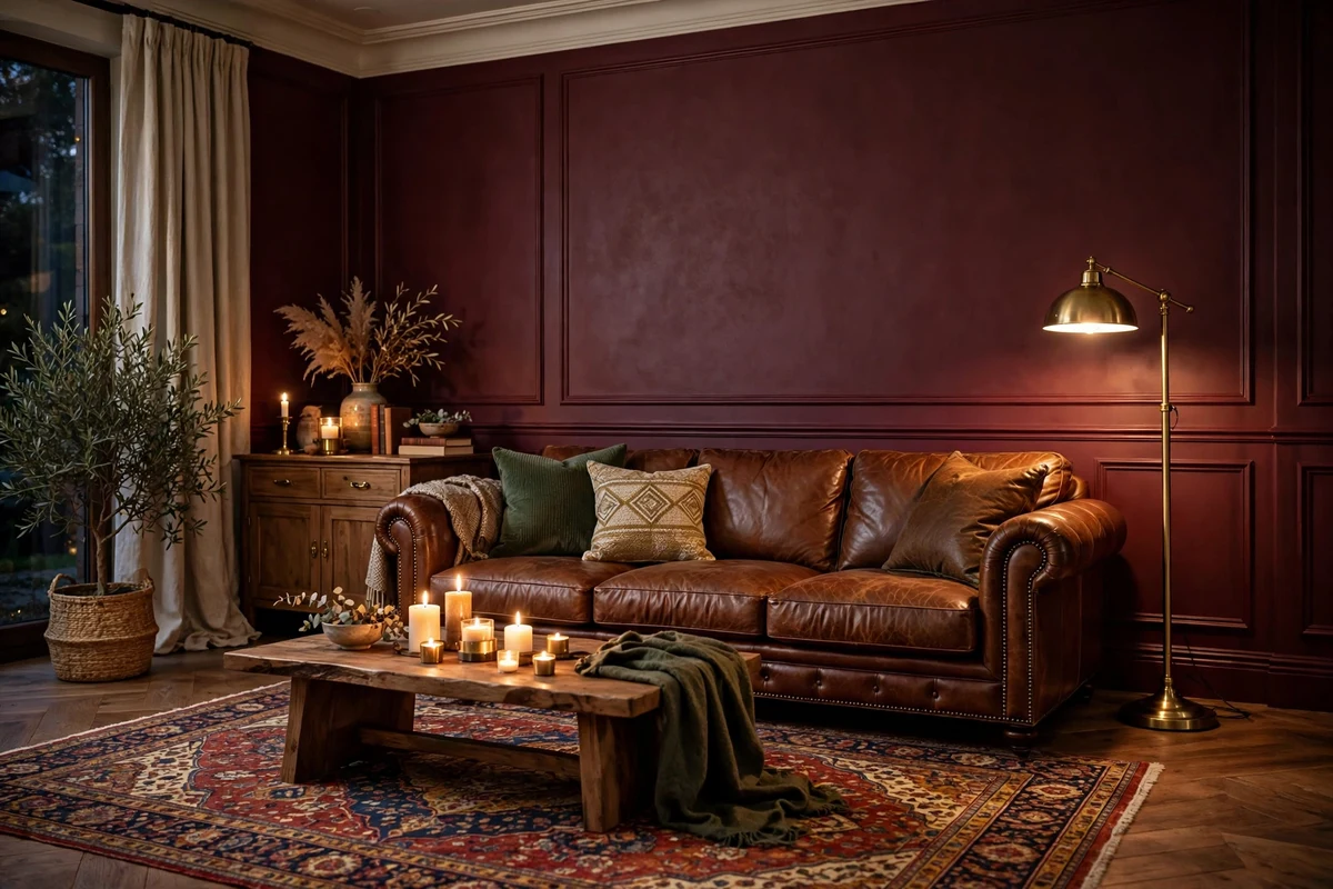 Living room with deep burgundy accent wall and leather furniture