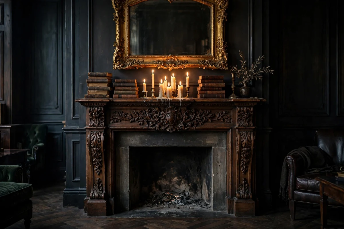 Ornate carved fireplace mantel with candles in a moody living room