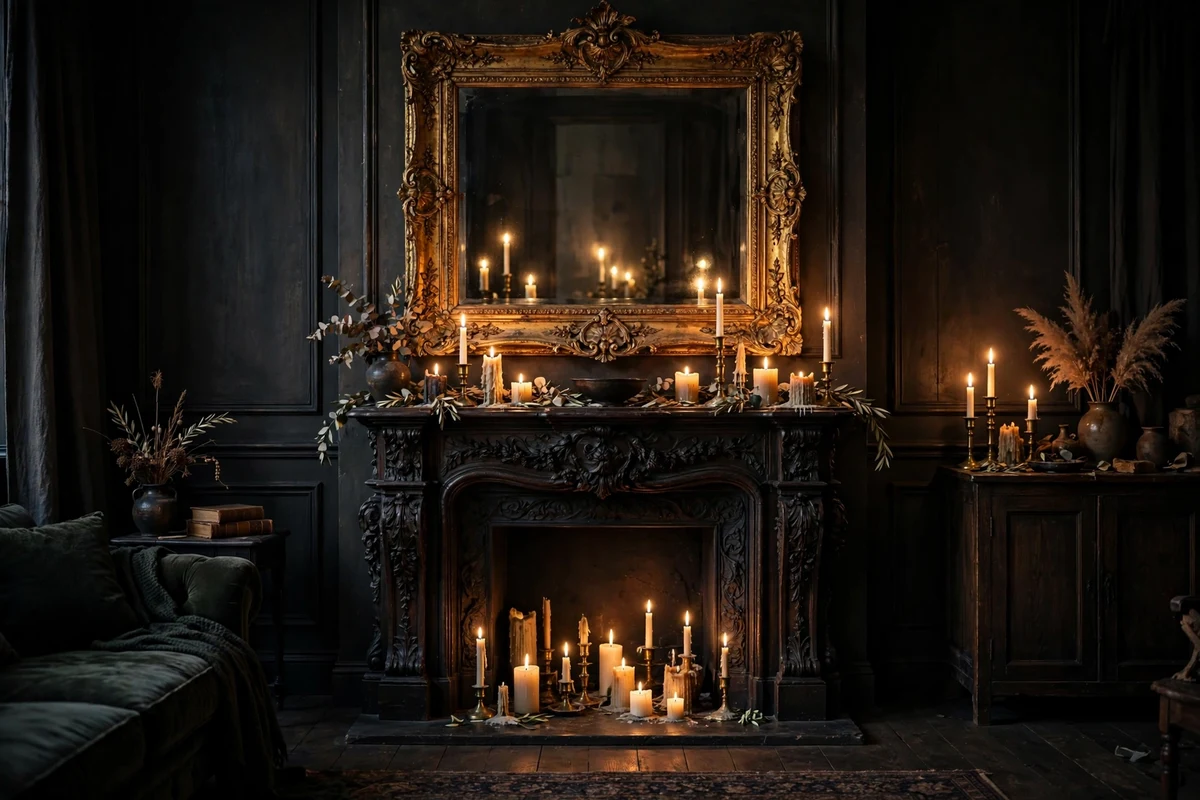 Antique ornate gold-framed mirror above a dark fireplace