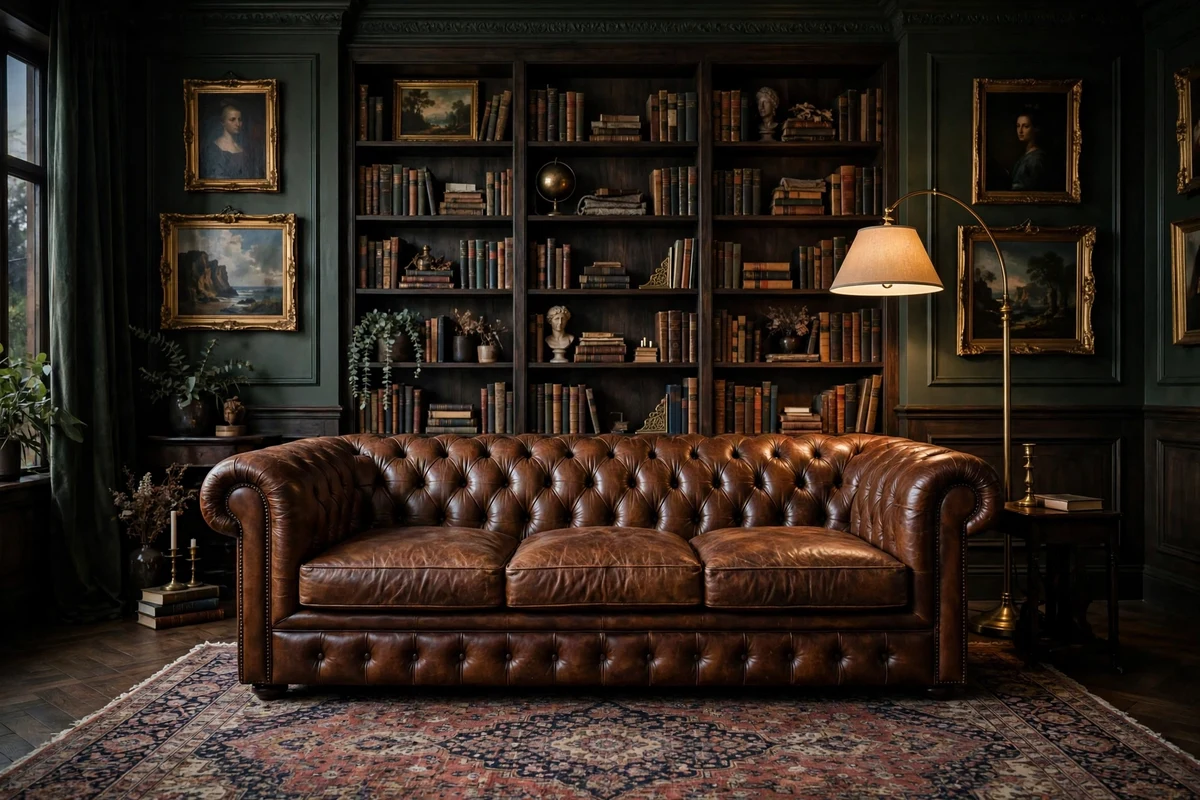 Brown leather chesterfield sofa in a dark academia living room