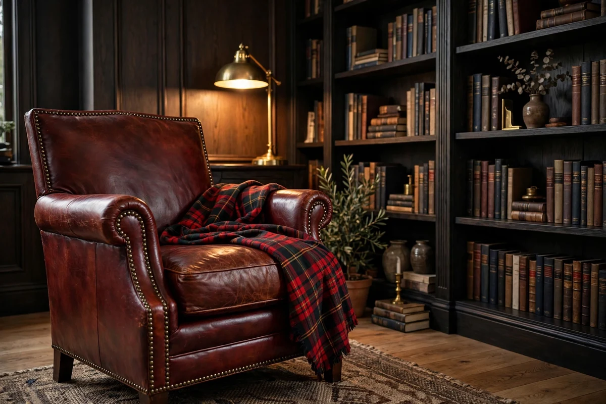Oxblood leather armchair beside bookshelves with a reading lamp