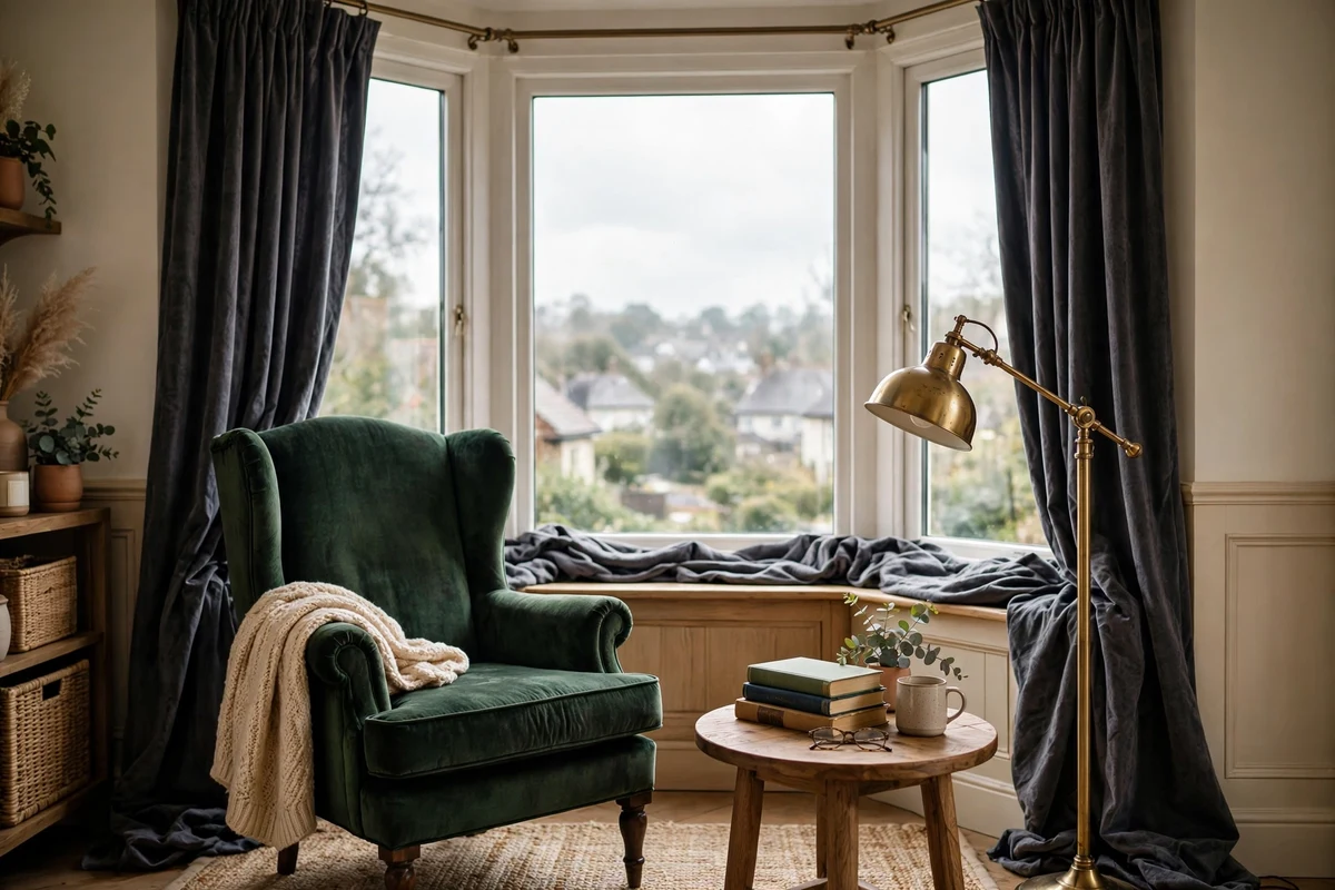 Cozy reading nook with wingback chair and floor lamp in a corner