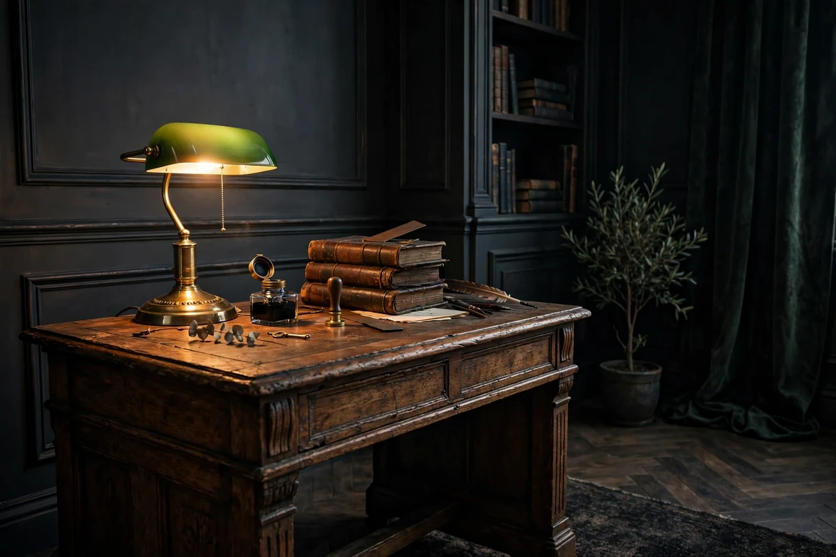 Antique wooden writing desk with brass lamp in a living room corner