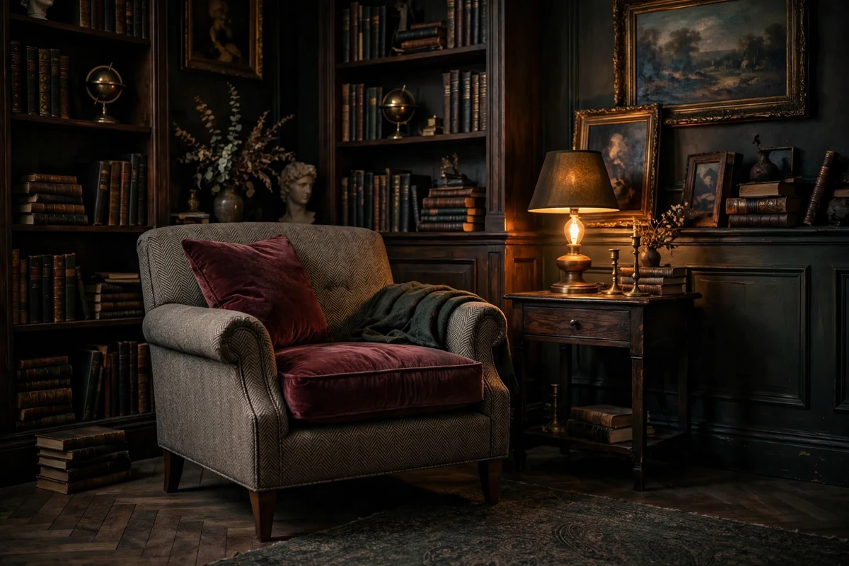 Tweed armchair and velvet cushions in a moody living room