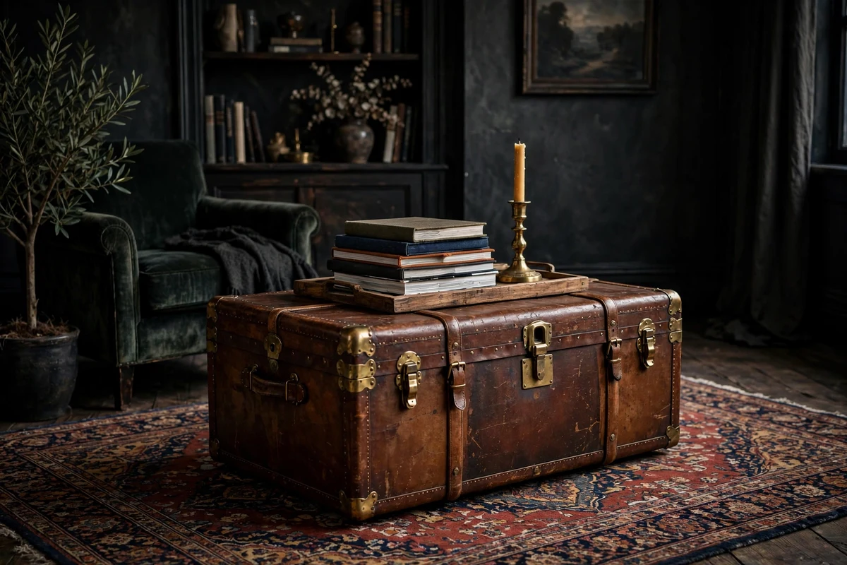 Vintage leather steamer trunk used as a coffee table