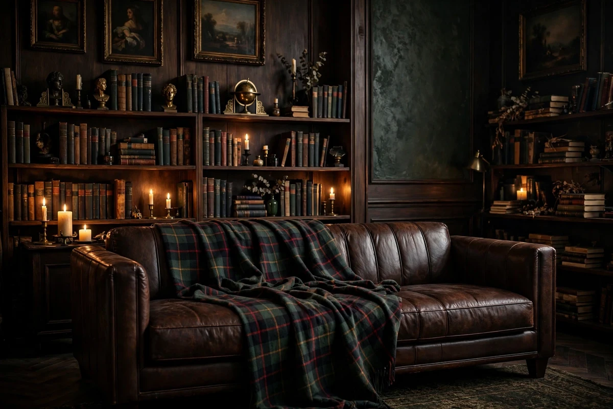 Tartan plaid throw draped over a leather sofa