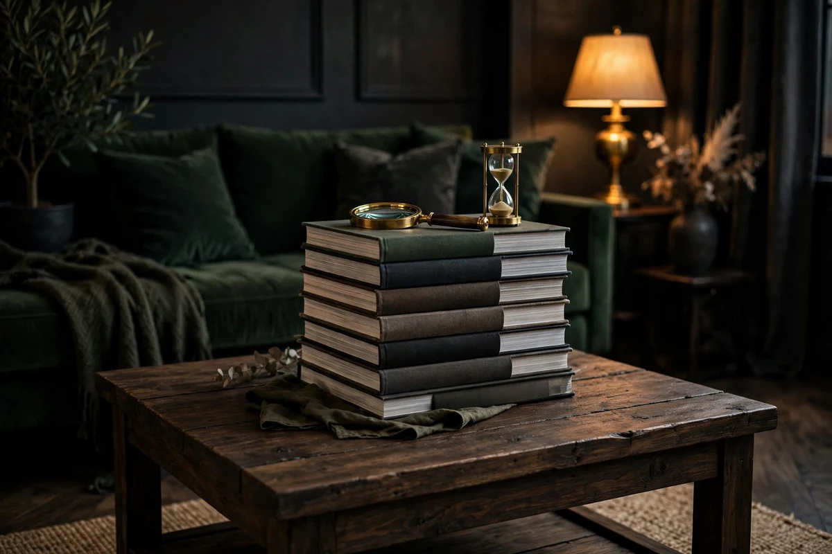 Dark wood coffee table styled with stacked books and brass objects
