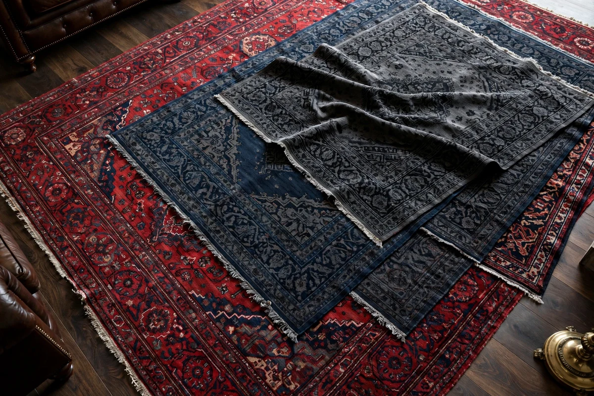 Layered Persian rugs on a dark wood living room floor
