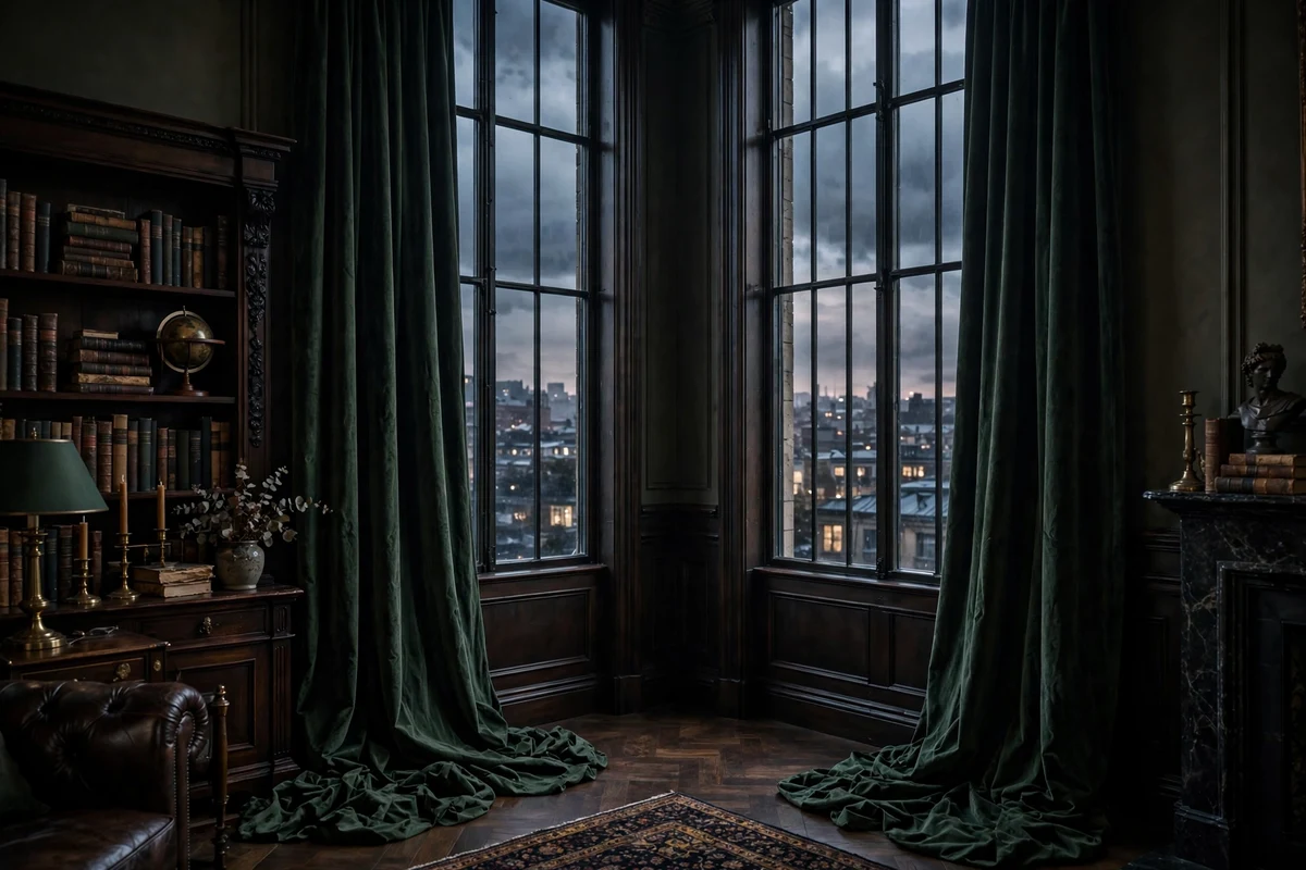 Heavy dark velvet curtains framing tall living room windows