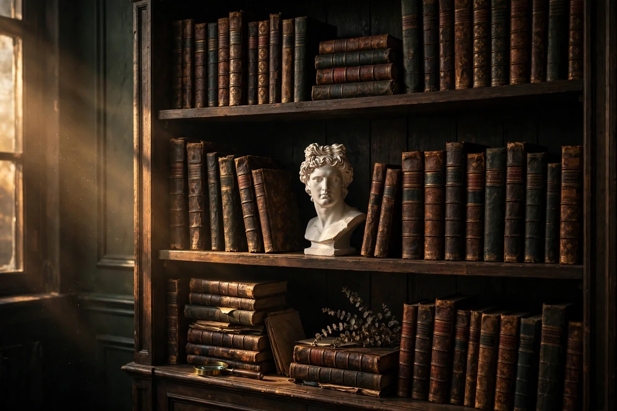 Classical bust sculpture on a bookshelf in a dark living room