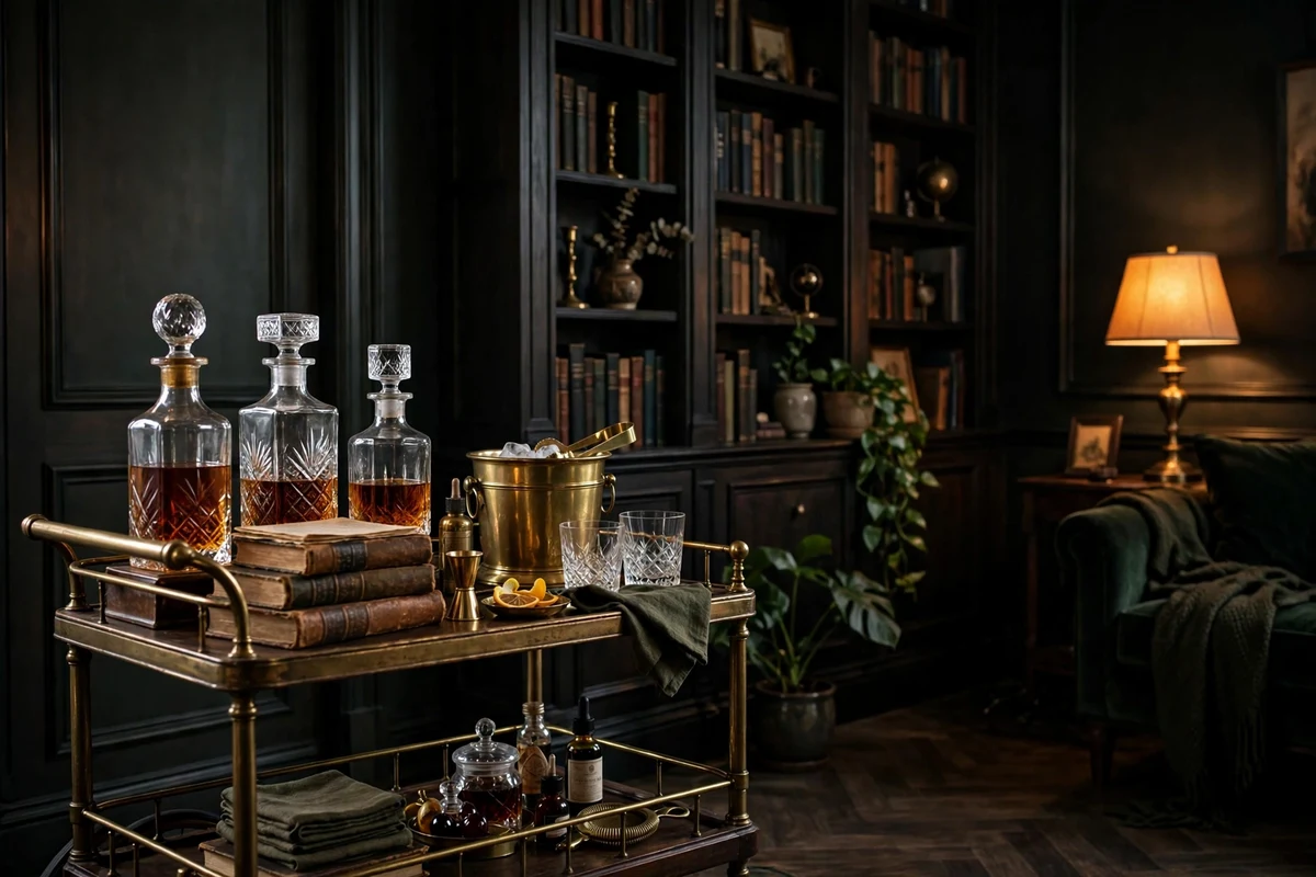 Antique brass bar cart with decanters in a moody living room