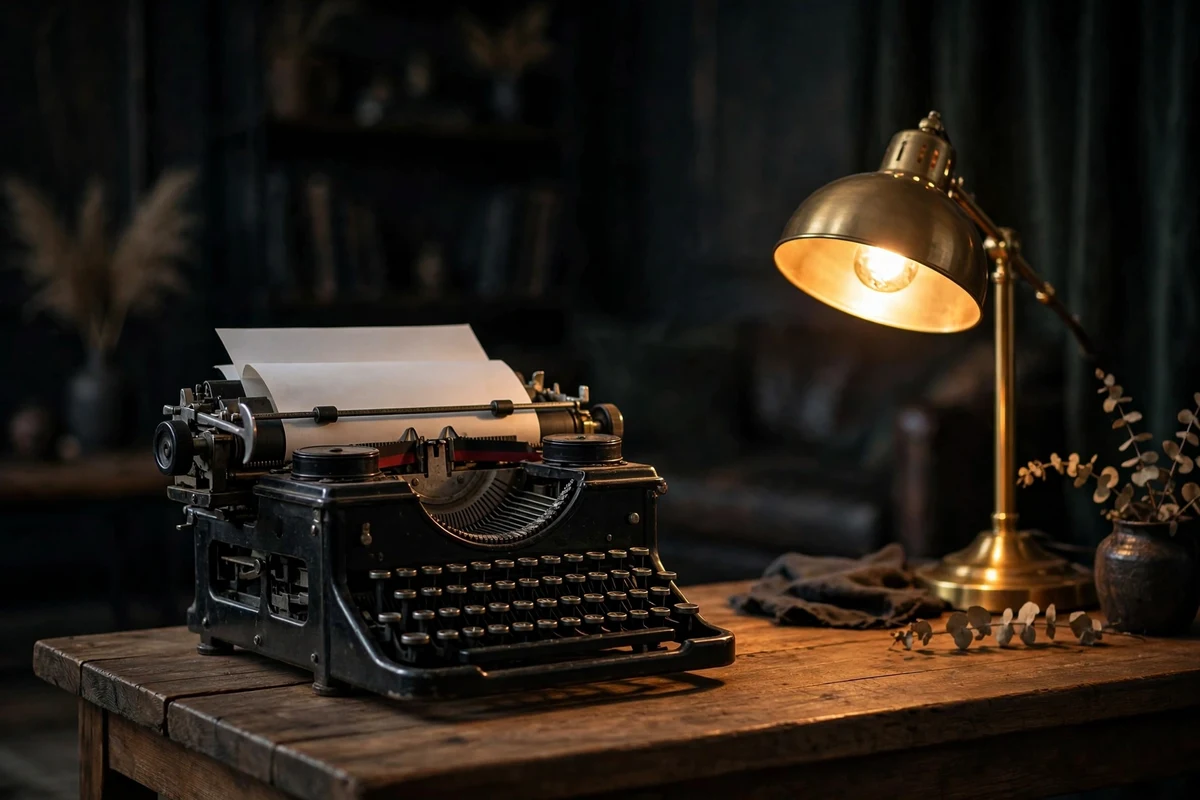 Vintage typewriter on a wooden side table in a dark living room