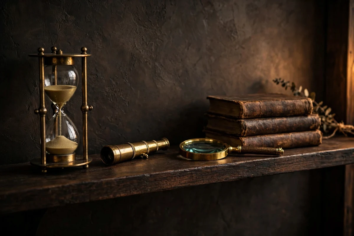 Wooden shelf with hourglass, brass curios and old books