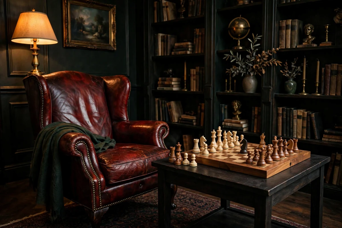 Wooden chess set mid-game on a side table beside an armchair