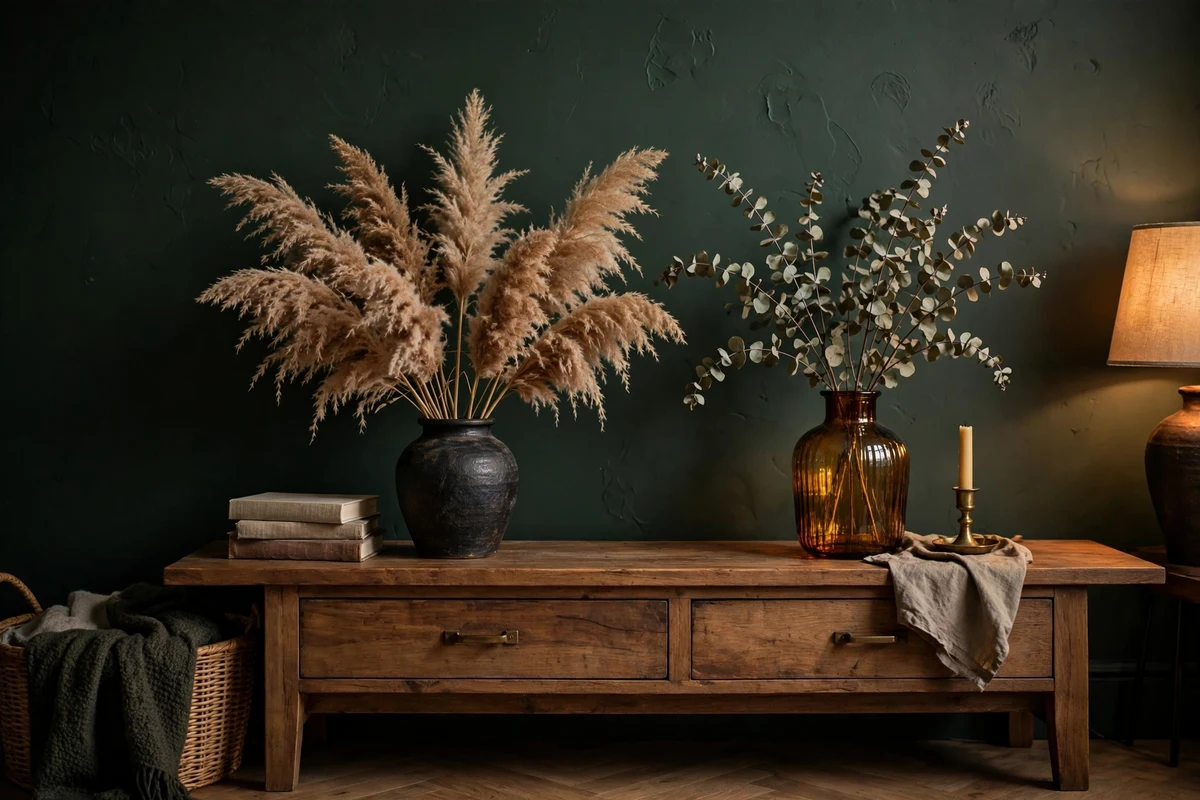 Dried pampas grass and botanicals in dark ceramic vases