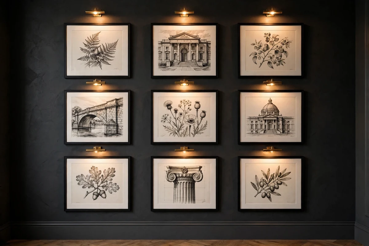 Framed ink wash and charcoal sketches on a dark gallery wall