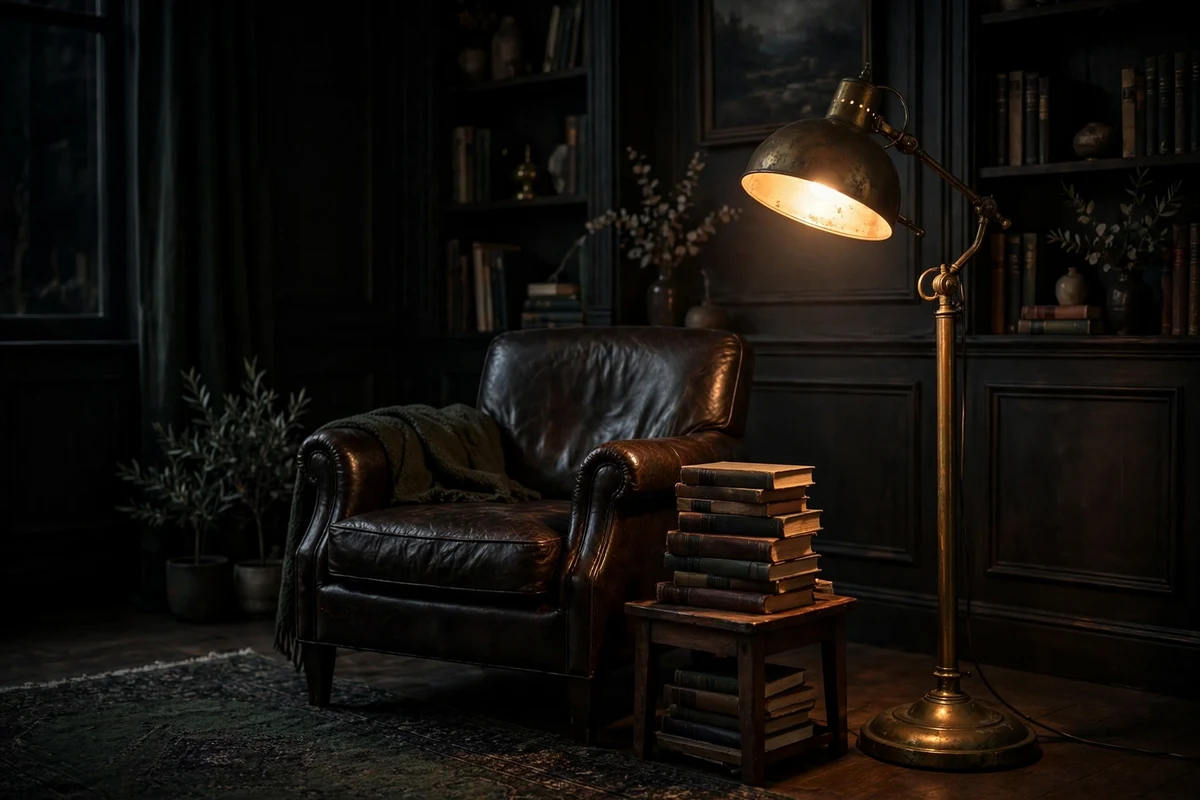 Antique brass pharmacy floor lamp glowing beside a leather chair
