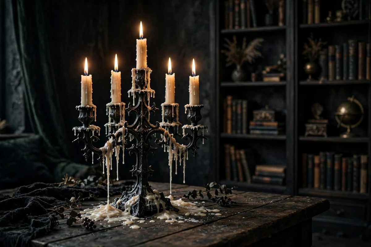 Gothic candelabra with lit candles on a dark wood table