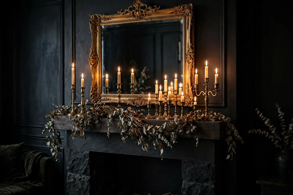 Cluster of pillar candles and brass holders on a fireplace mantel