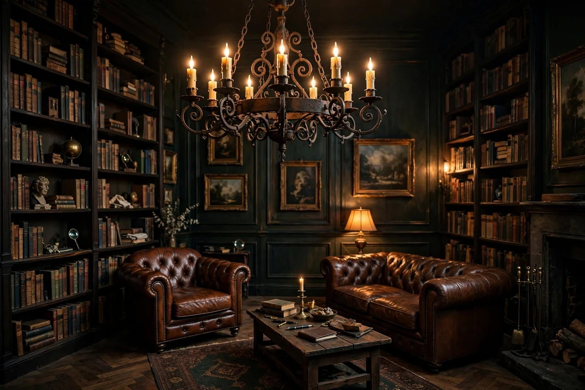 Antique-style candle chandelier hanging in a dark living room
