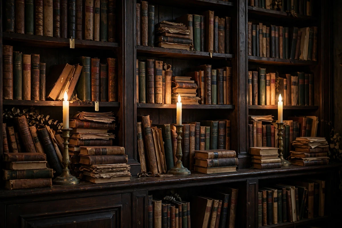 Brass candlesticks tucked among books on dark shelves