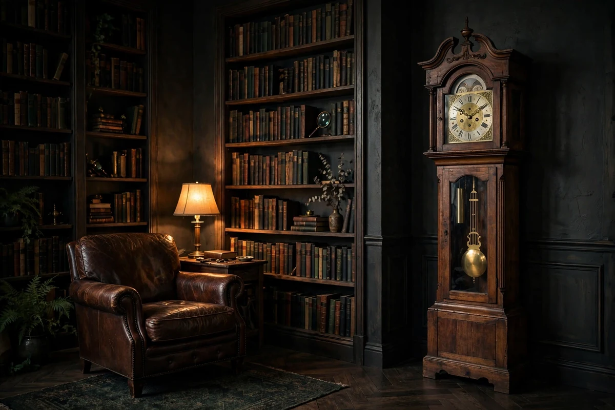 Antique wooden grandfather clock in the corner of a dark living room