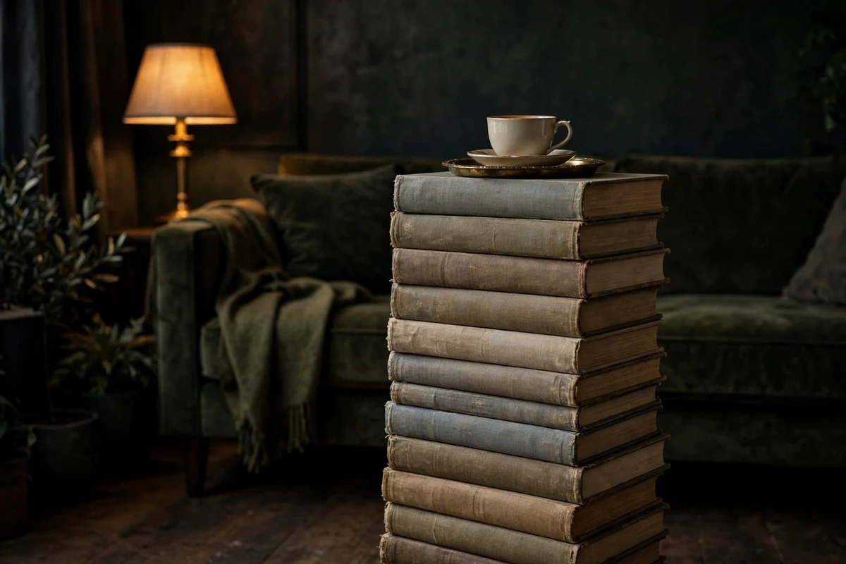 Tall stack of vintage hardcover books used as a side table
